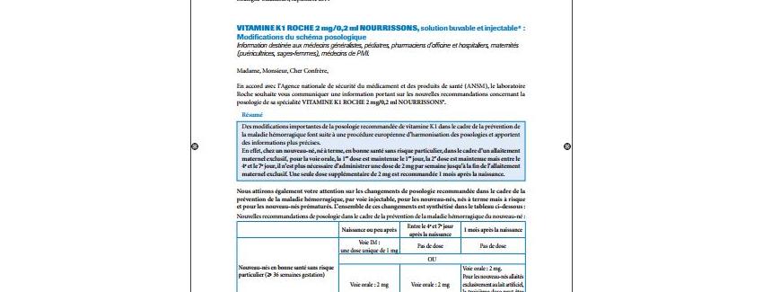 Répéma informe sur la modification du schéma posologique de la vitamine K1